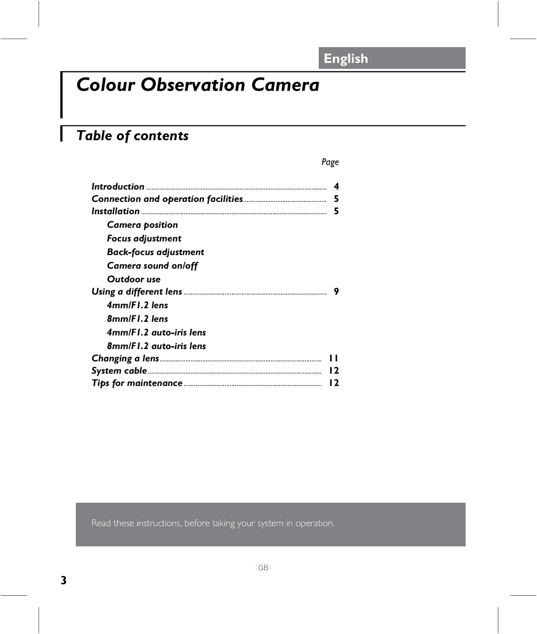 Philips VCM7177 manual Colour Observation Camera, Table of contents 