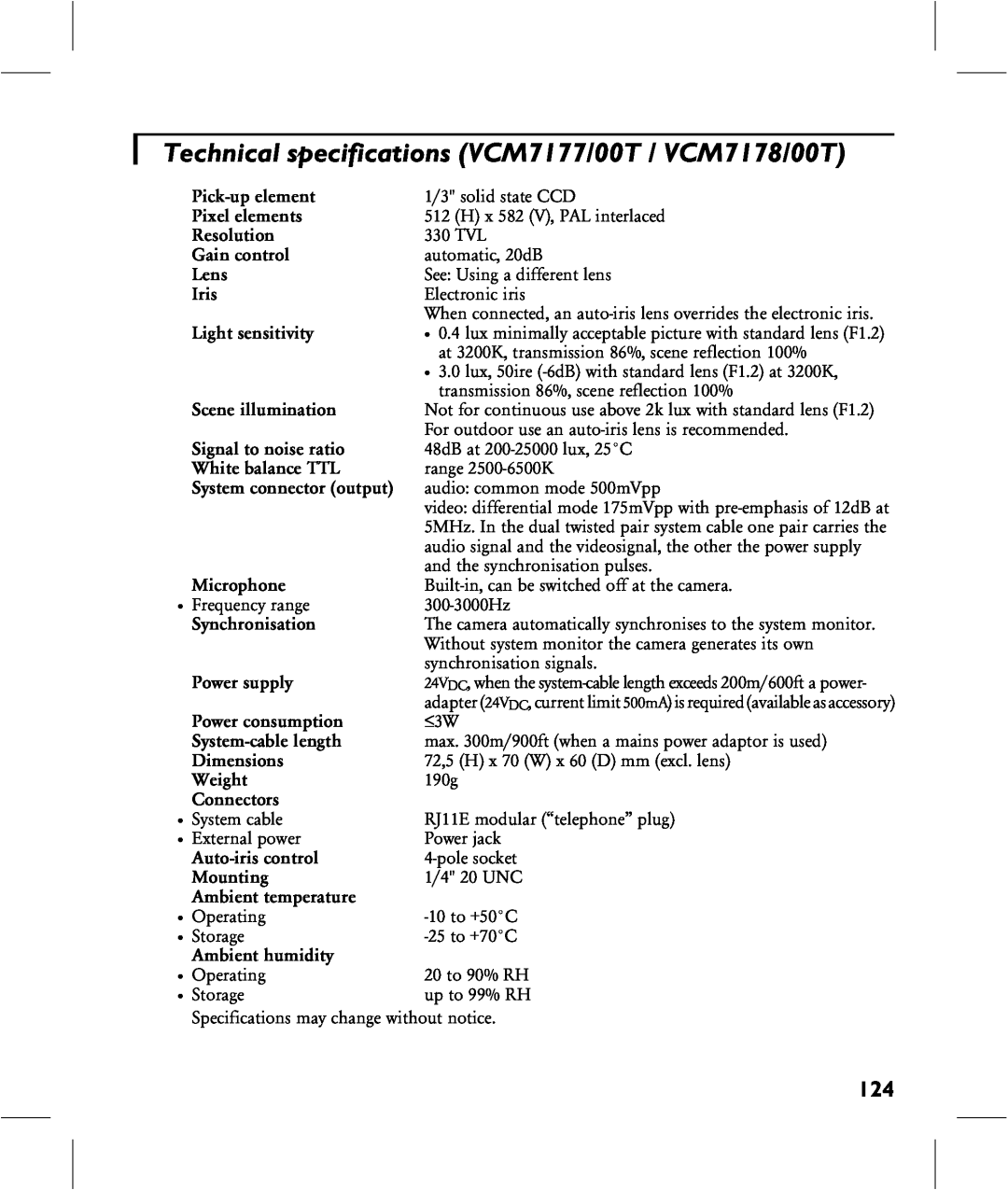 Philips manual Technical specifications VCM7177/00T / VCM7178/00T 