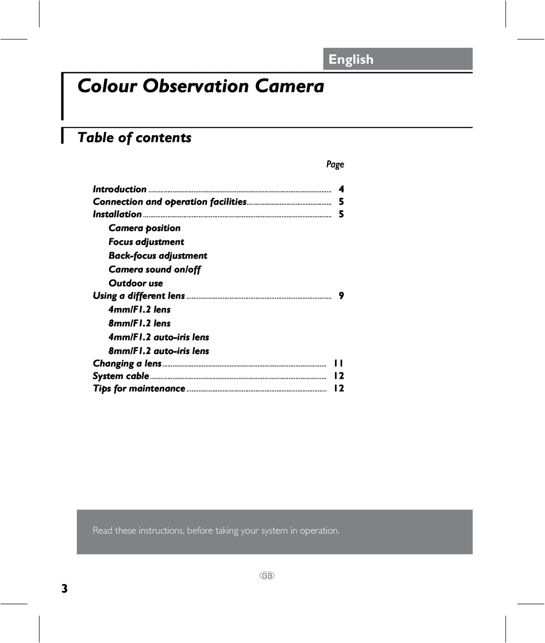 Philips VCM7177 Table of contents, Colour Observation Camera, English, Camera position, Focus adjustment, Outdoor use 
