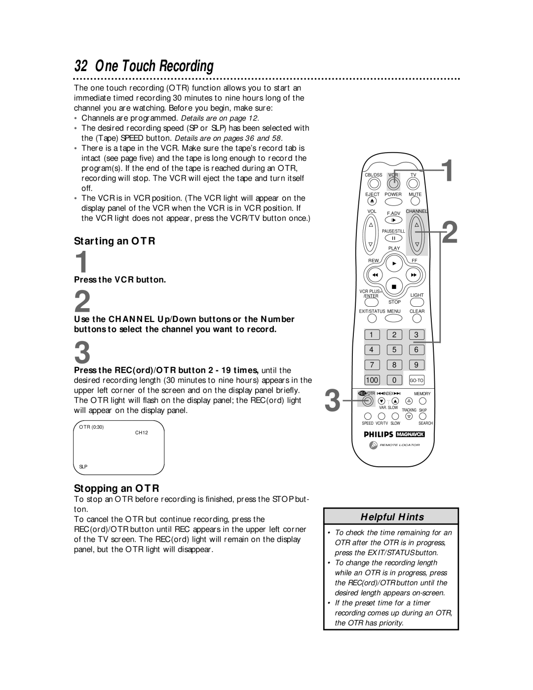 Philips VCR 462 warranty One Touch Recording, Starting an OTR, Stopping an OTR, Tape Speed button. Details are on pages 36 