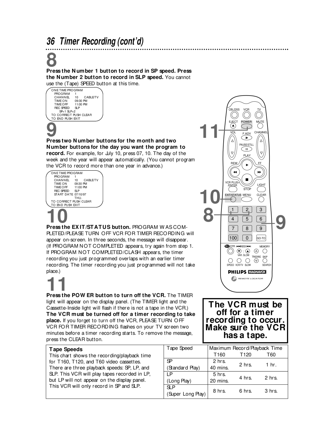 Philips VCR 462 warranty Timer Recording cont’d, Tape Speeds 