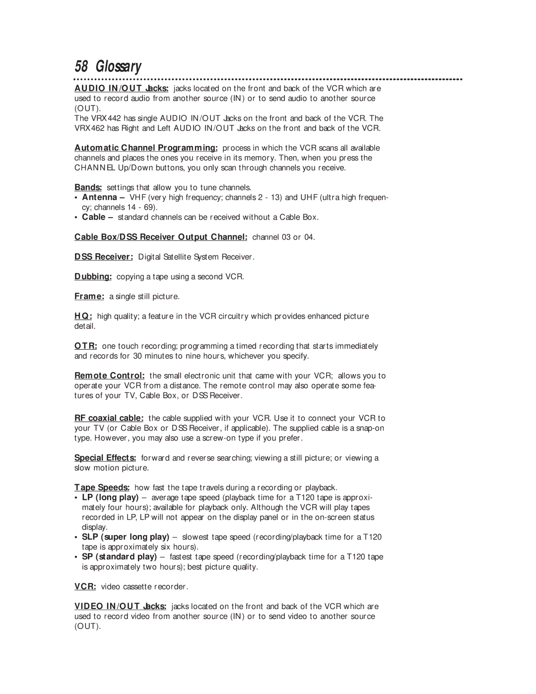 Philips VCR 462 warranty Glossary, Cable Box/DSS Receiver Output Channel channel 03 or 