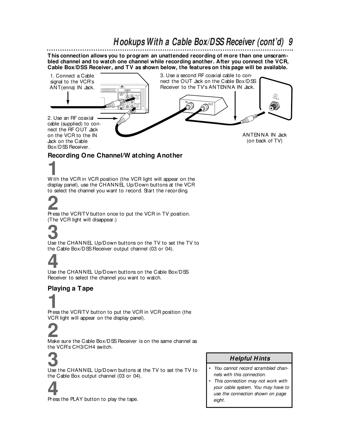 Philips VCR 462 Hookups With a Cable Box/DSS Receiver cont’d, Recording One Channel/Watching Another, Playing a Tape 