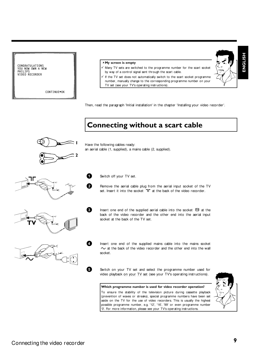 Philips VCR VR 170/07 manual Connecting without a scart cable, My screen is empty 