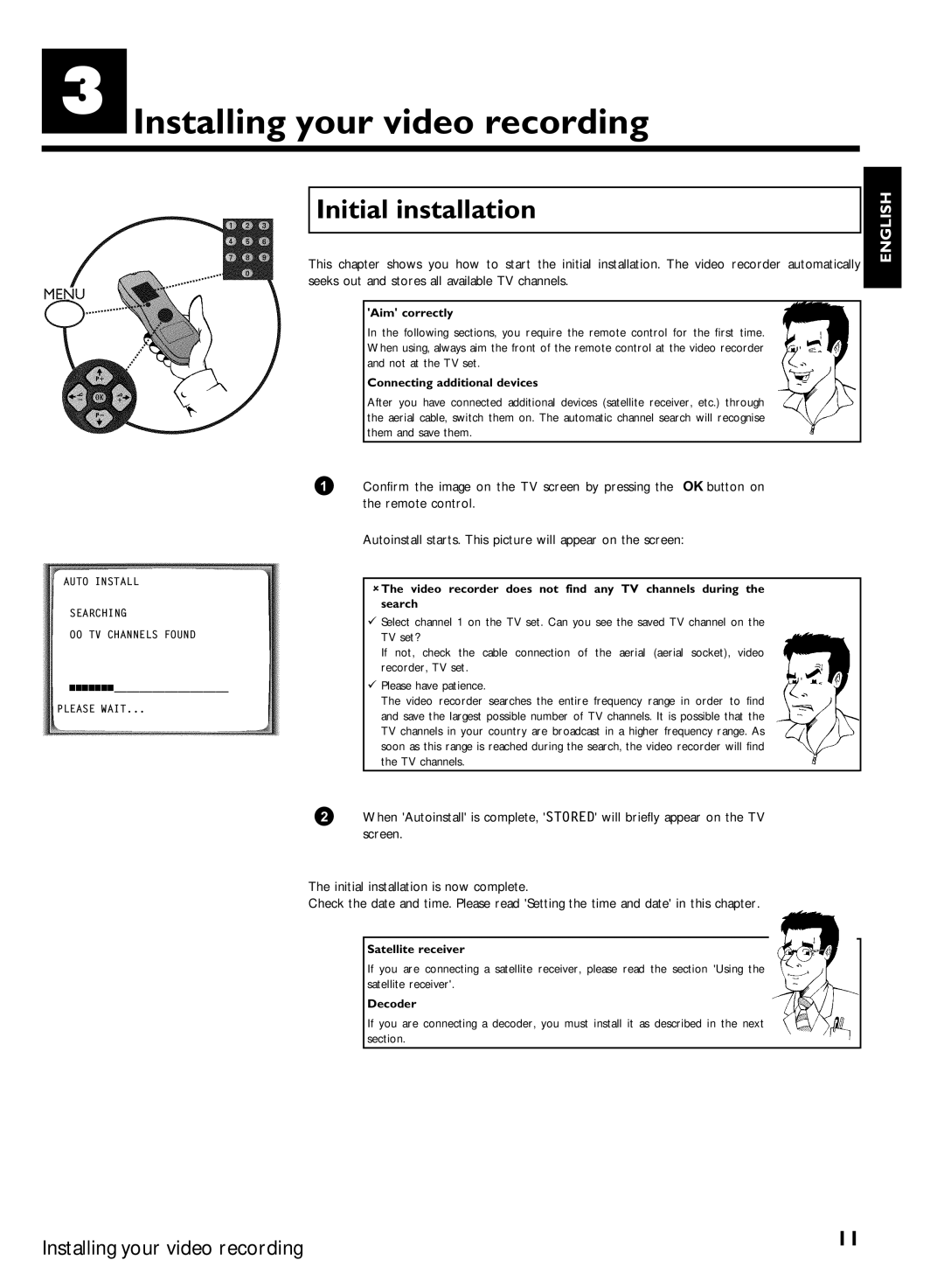 Philips VCR VR 170/07 manual Installing your video recording, Initial installation 