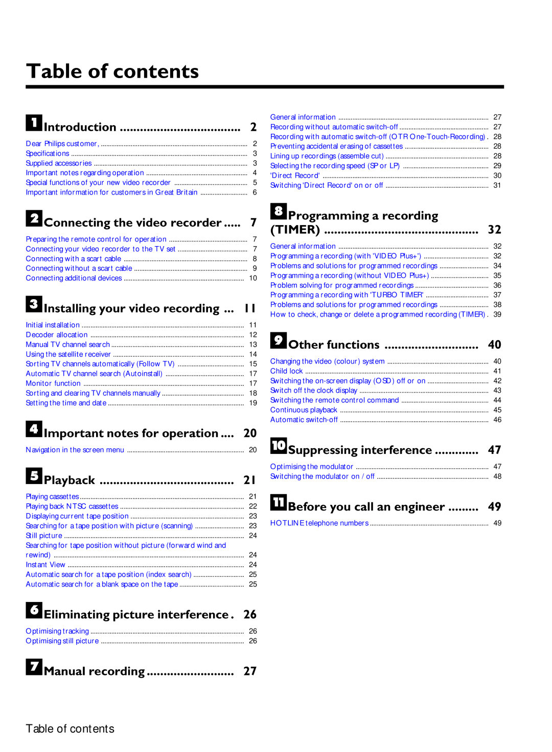 Philips VCR VR 170/07 manual Table of contents 