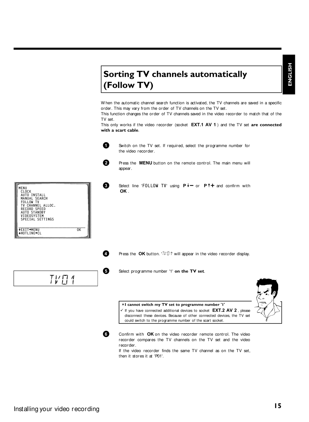 Philips VCR VR 170/07 manual Sorting TV channels automatically, Follow TV, Cannot switch my TV set to programme number 