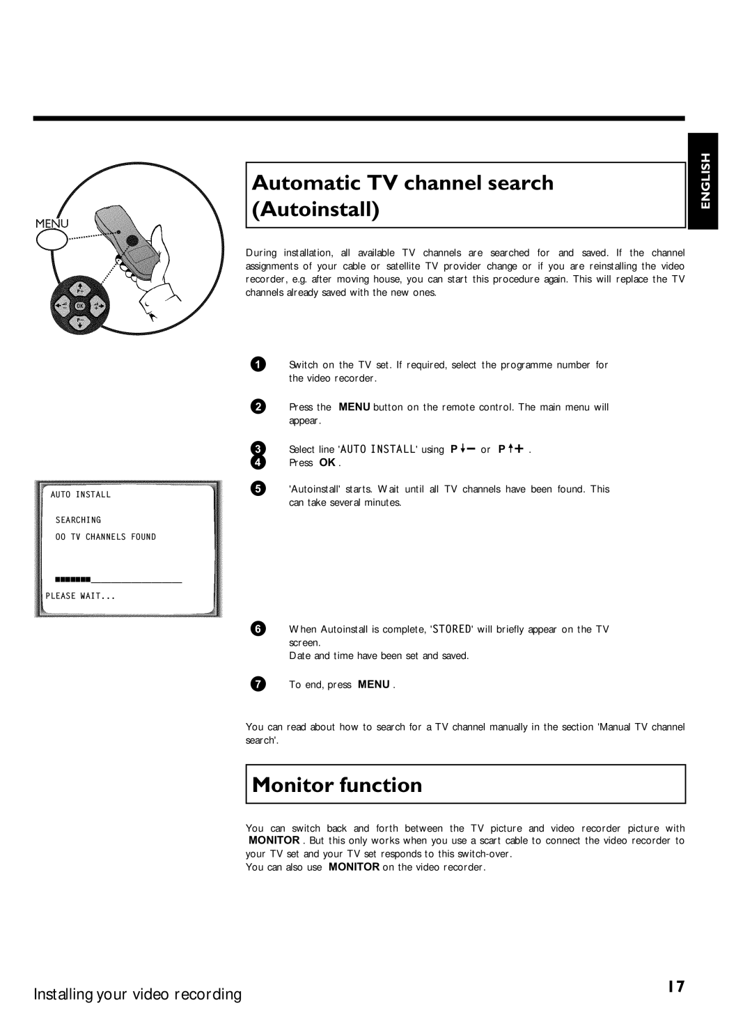 Philips VCR VR 170/07 manual Automatic TV channel search, Autoinstall, Monitor function 