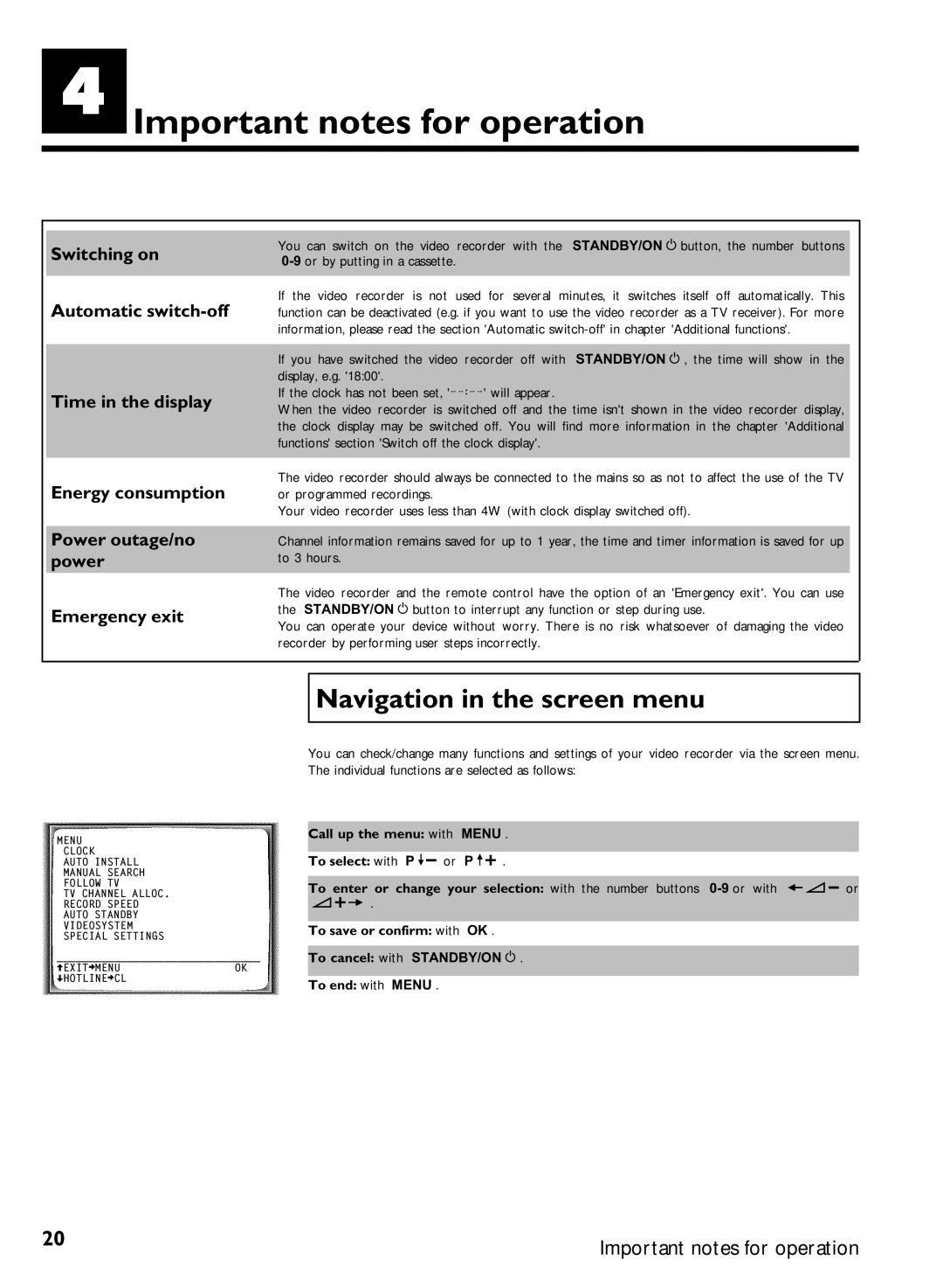 Philips VCR VR 170/07 manual Important notes for operation, Navigation in the screen menu 