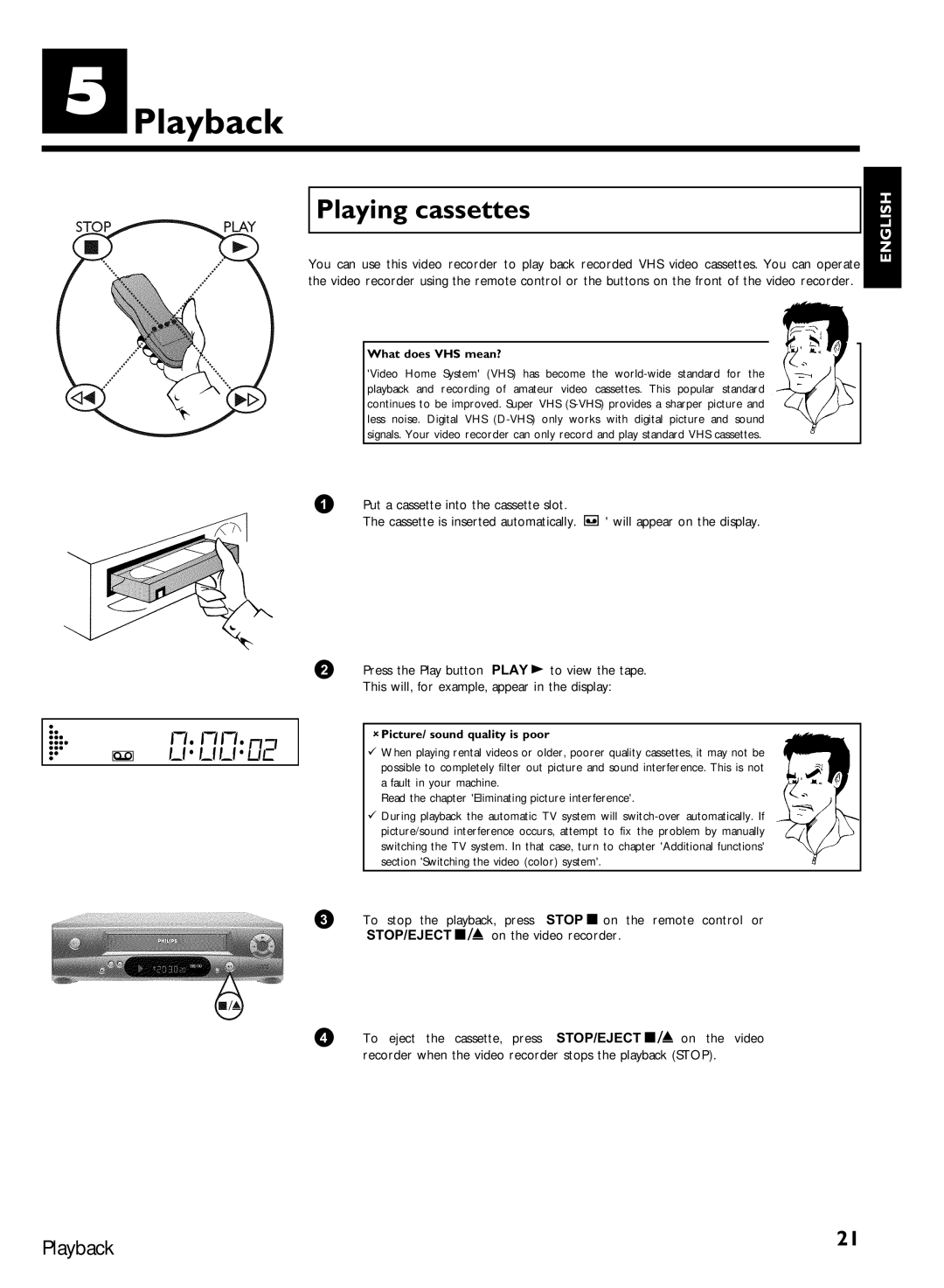 Philips VCR VR 170/07 manual Playback, Playing cassettes 