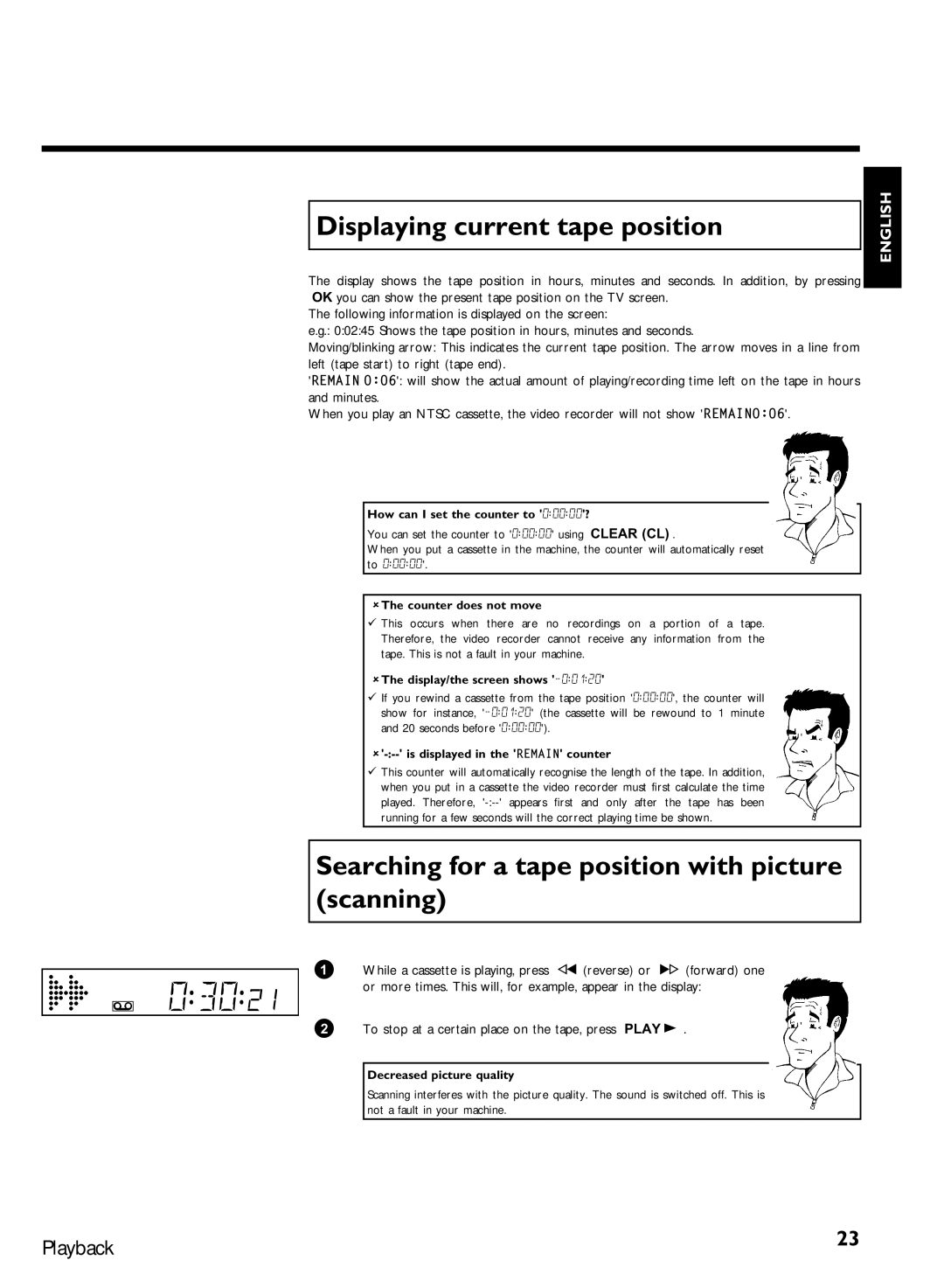 Philips VCR VR 170/07 manual Displaying current tape position, Searching for a tape position with picture scanning 