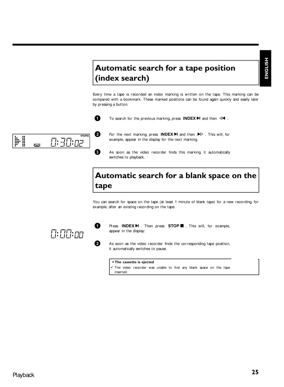 Philips VCR VR 170/07 Automatic search for a tape position index search, Automatic search for a blank space on the tape 