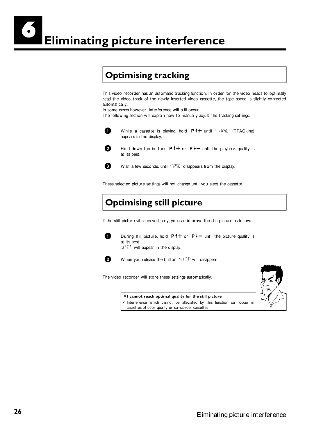 Philips VCR VR 170/07 manual Eliminating picture interference, Optimising tracking, Optimising still picture 