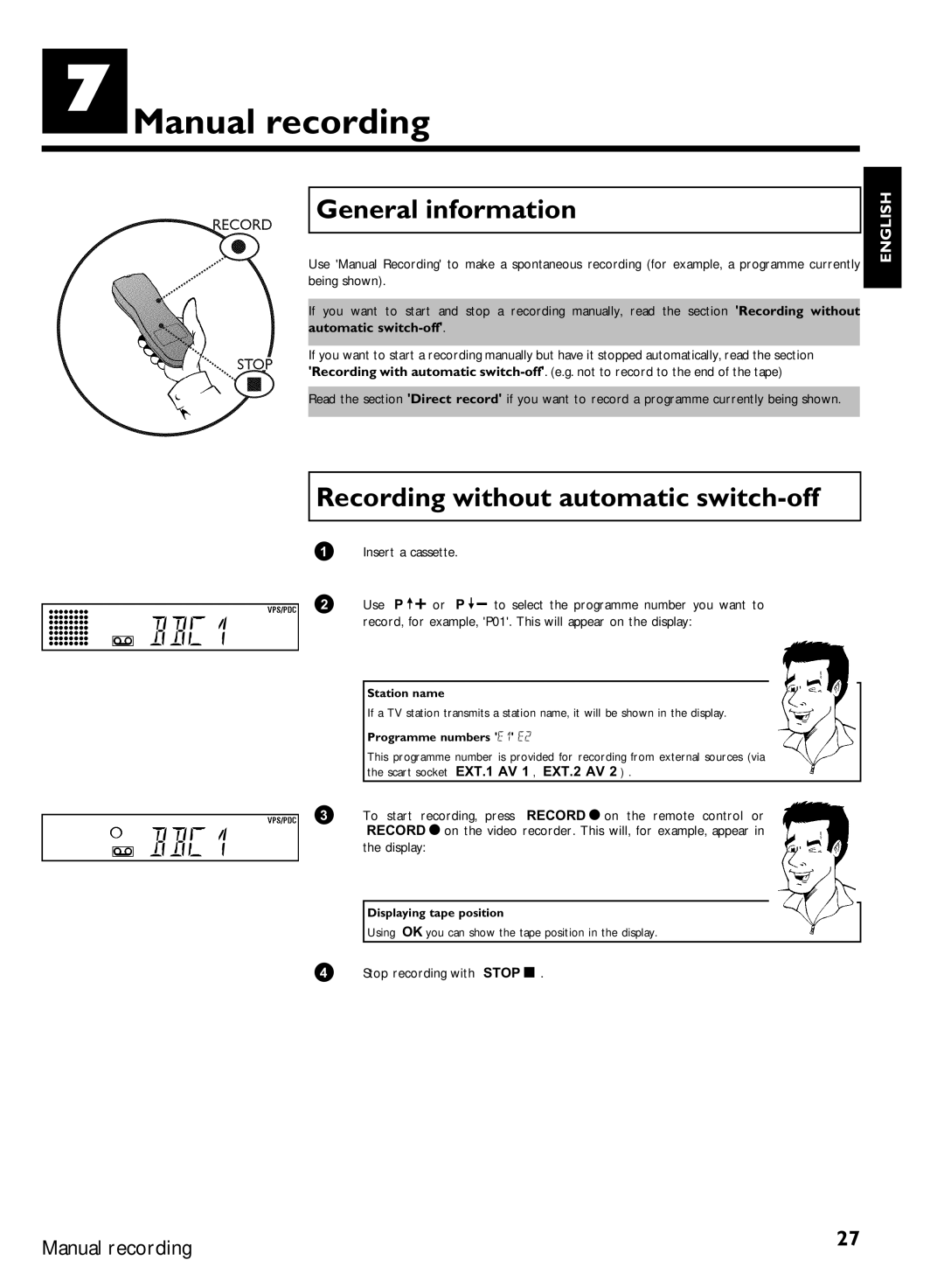 Philips VCR VR 170/07 manual Manual recording, General information, Recording without automatic switch-off 