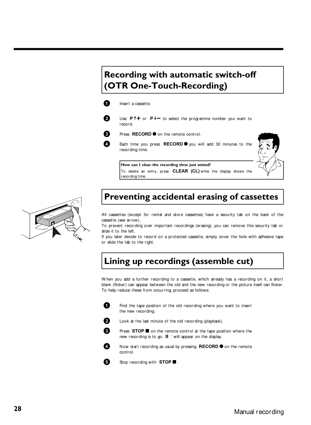 Philips VCR VR 170/07 manual Preventing accidental erasing of cassettes, Lining up recordings assemble cut, Control 