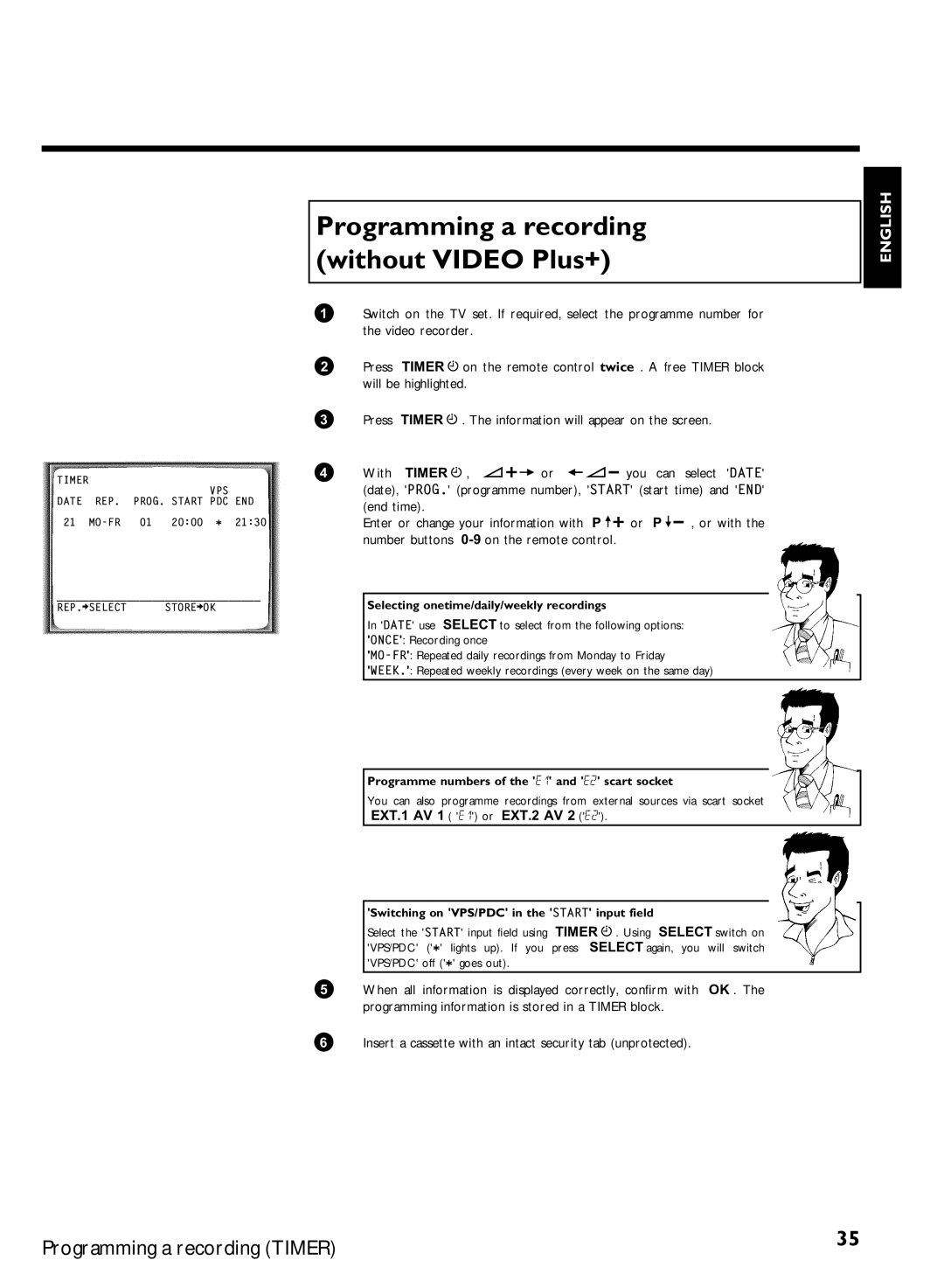 Philips VCR VR 170/07 manual Programming a recording without Video Plus+, 9on the remote control 