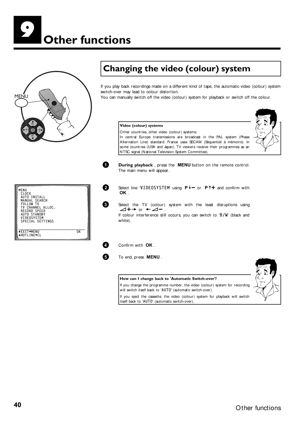 Philips VCR VR 170/07 manual Other functions, Changing the video colour system, Select the TV, With Least 