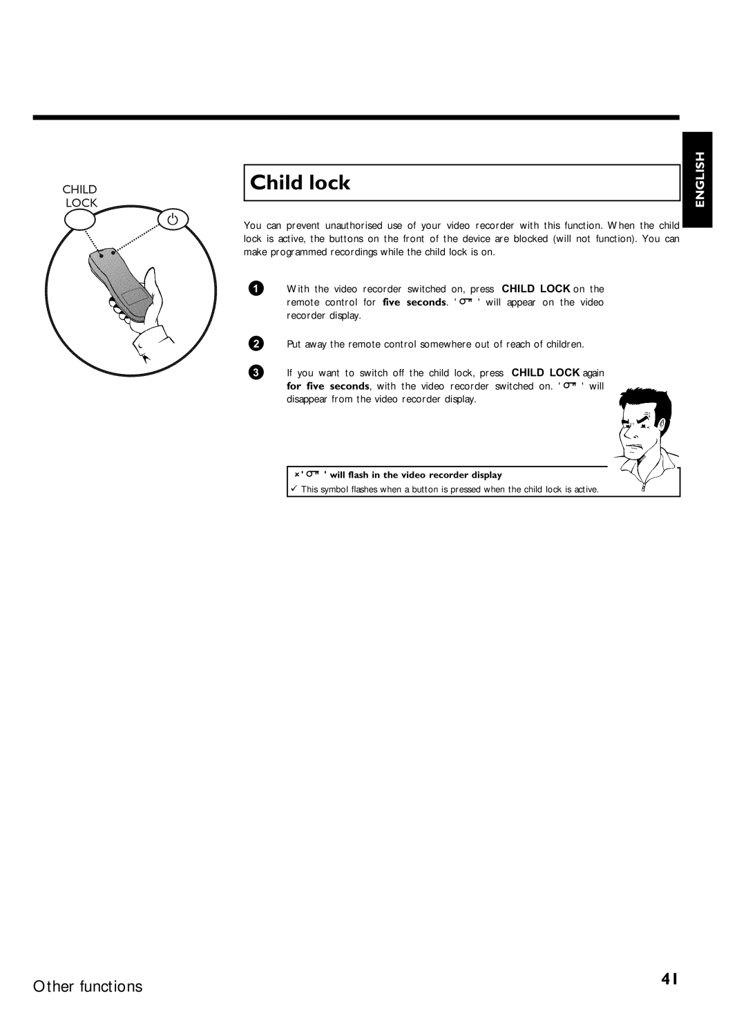 Philips VCR VR 170/07 manual Child lock, Will flash in the video recorder display 