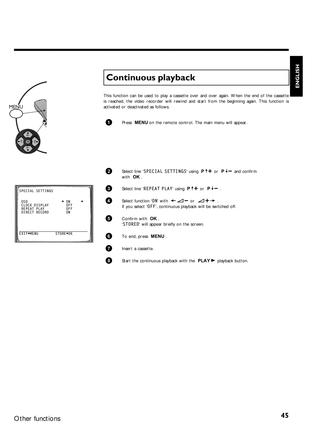 Philips VCR VR 170/07 manual Continuous playback, With OK 