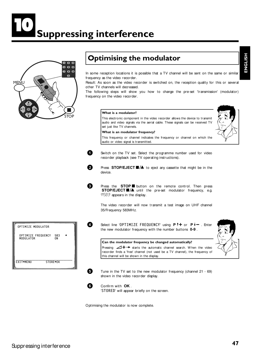 Philips VCR VR 170/07 manual Suppressing interference, Optimising the modulator, Frequency as the video recorder 