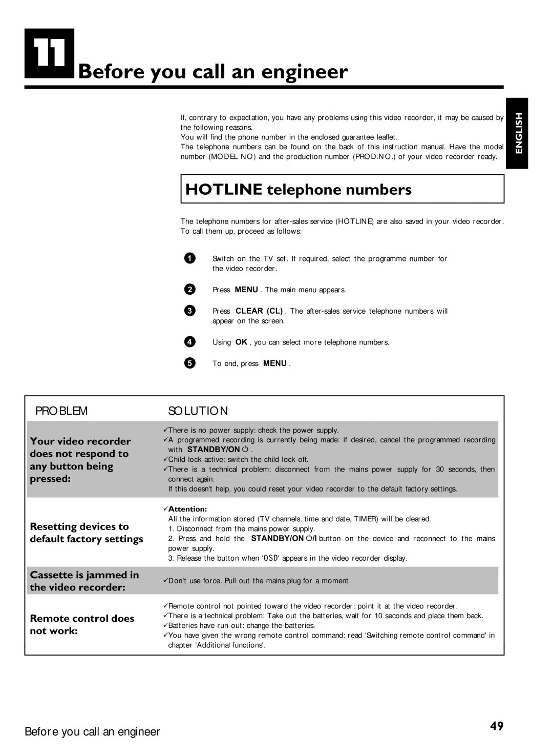 Philips VCR VR 170/07 manual Before you call an engineer, Hotline telephone numbers 