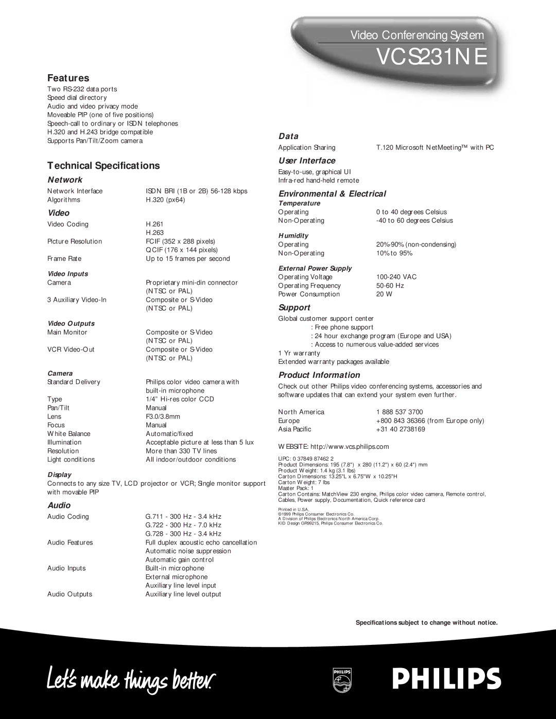 Philips VCS231NE manual Features, Technical Specifications 