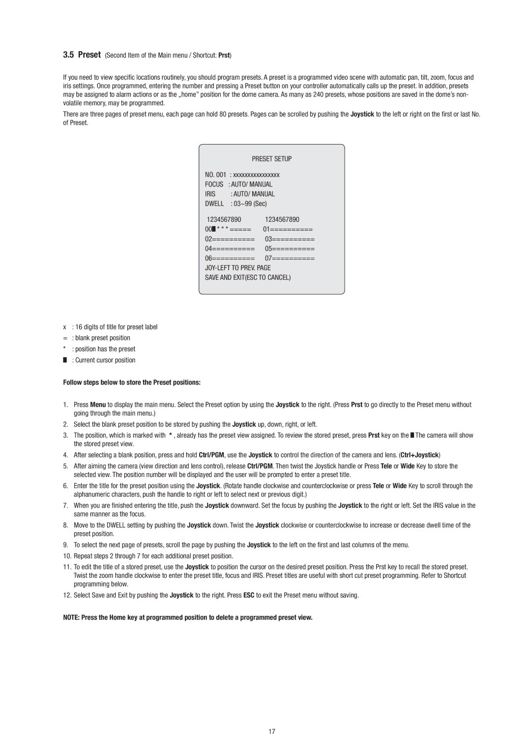 Philips Video Camera manual Preset Setup, Iris AUTO/ Manual, JOY-LEFT to PREV. Save and Exitesc to Cancel 