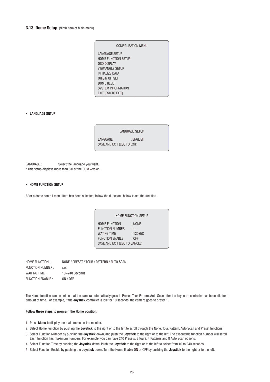 Philips Video Camera manual Language Setup, Home Function Setup, Follow these steps to program the Home position 