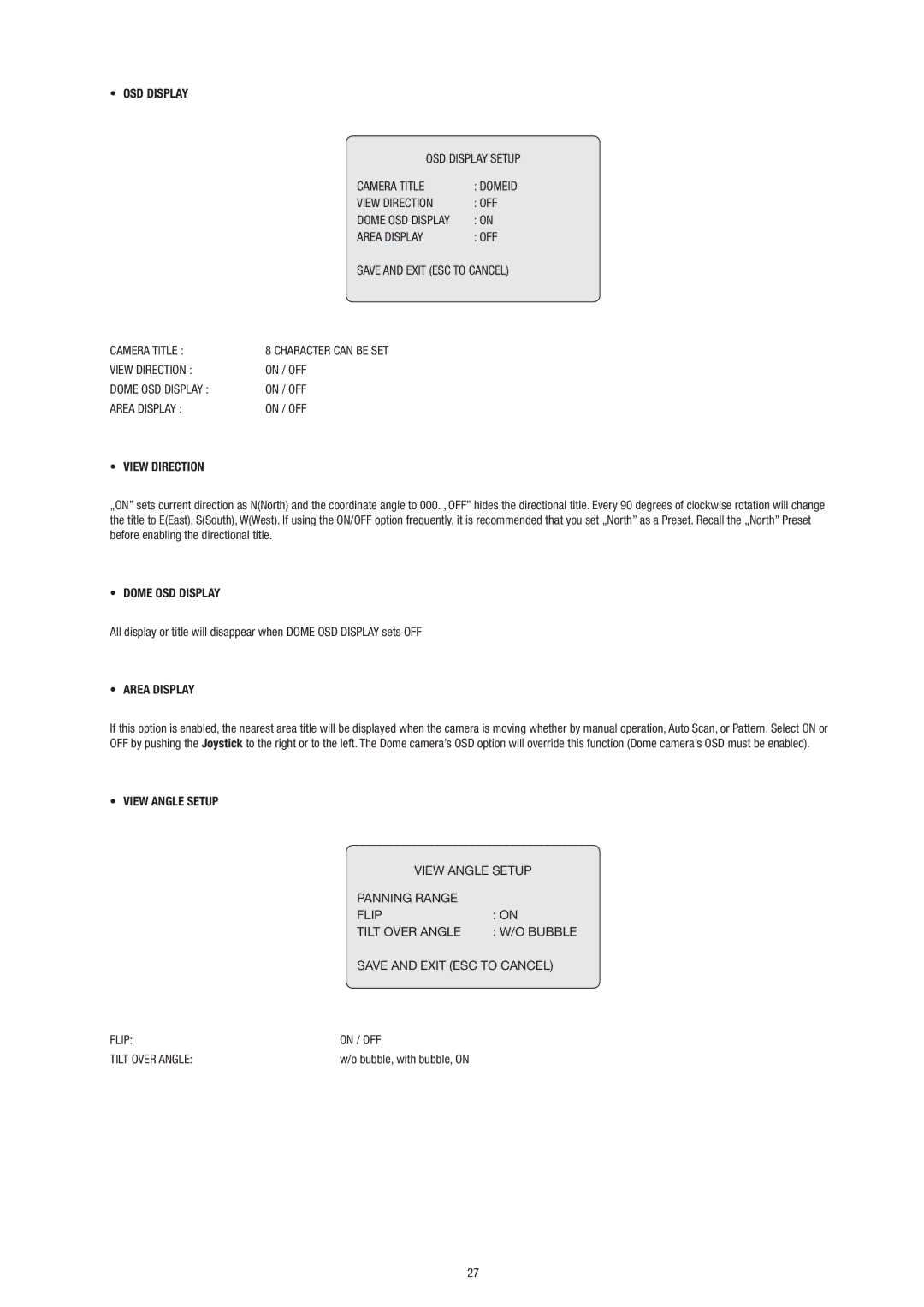 Philips Video Camera manual View Direction, Dome OSD Display, Area Display, View Angle Setup 