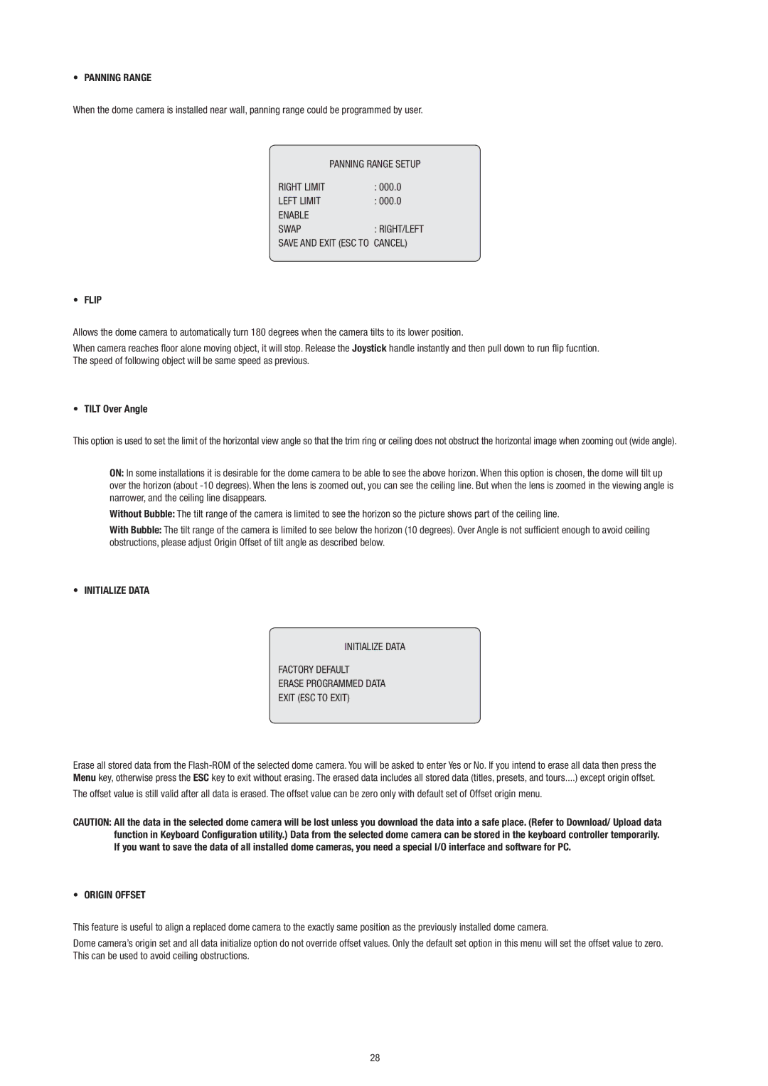 Philips Video Camera manual Panning Range, Flip, Tilt Over Angle, Initialize Data, Origin Offset 