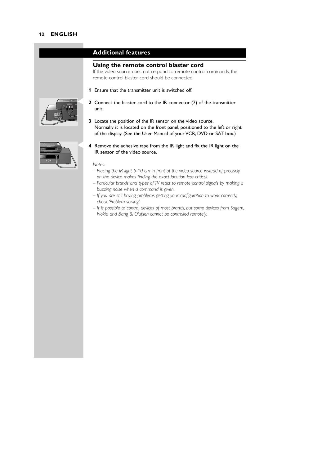 Philips VL1100 manual Additional features, Using the remote control blaster cord 