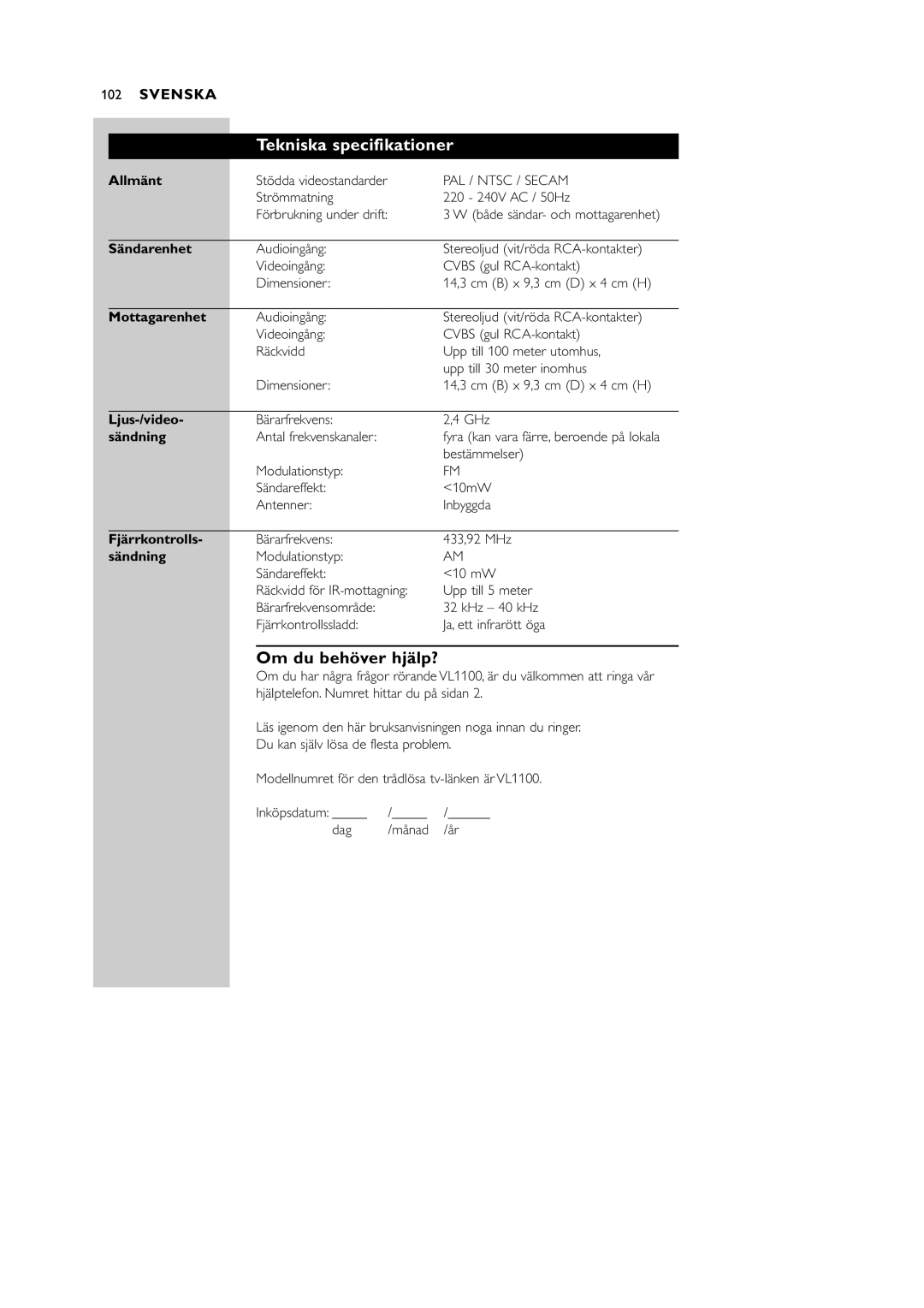 Philips VL1100 manual Tekniska specifikationer, Om du behöver hjälp? 