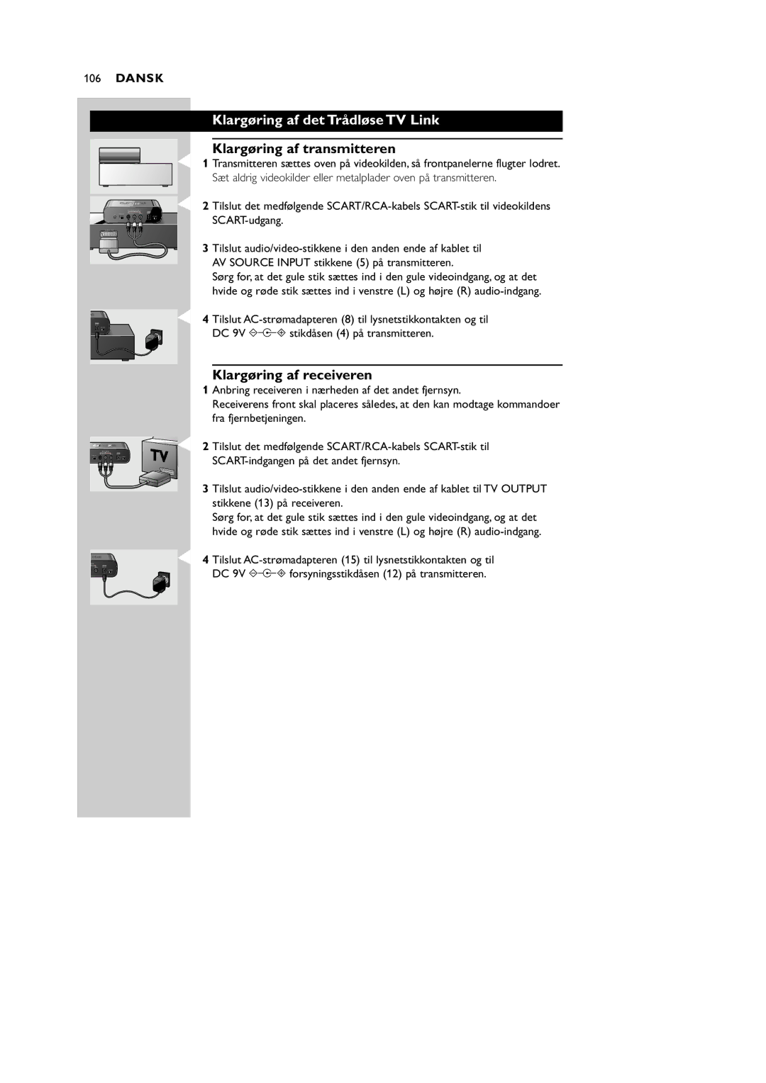 Philips VL1100 manual Klargøring af det Trådløse TV Link, Klargøring af transmitteren, Klargøring af receiveren 