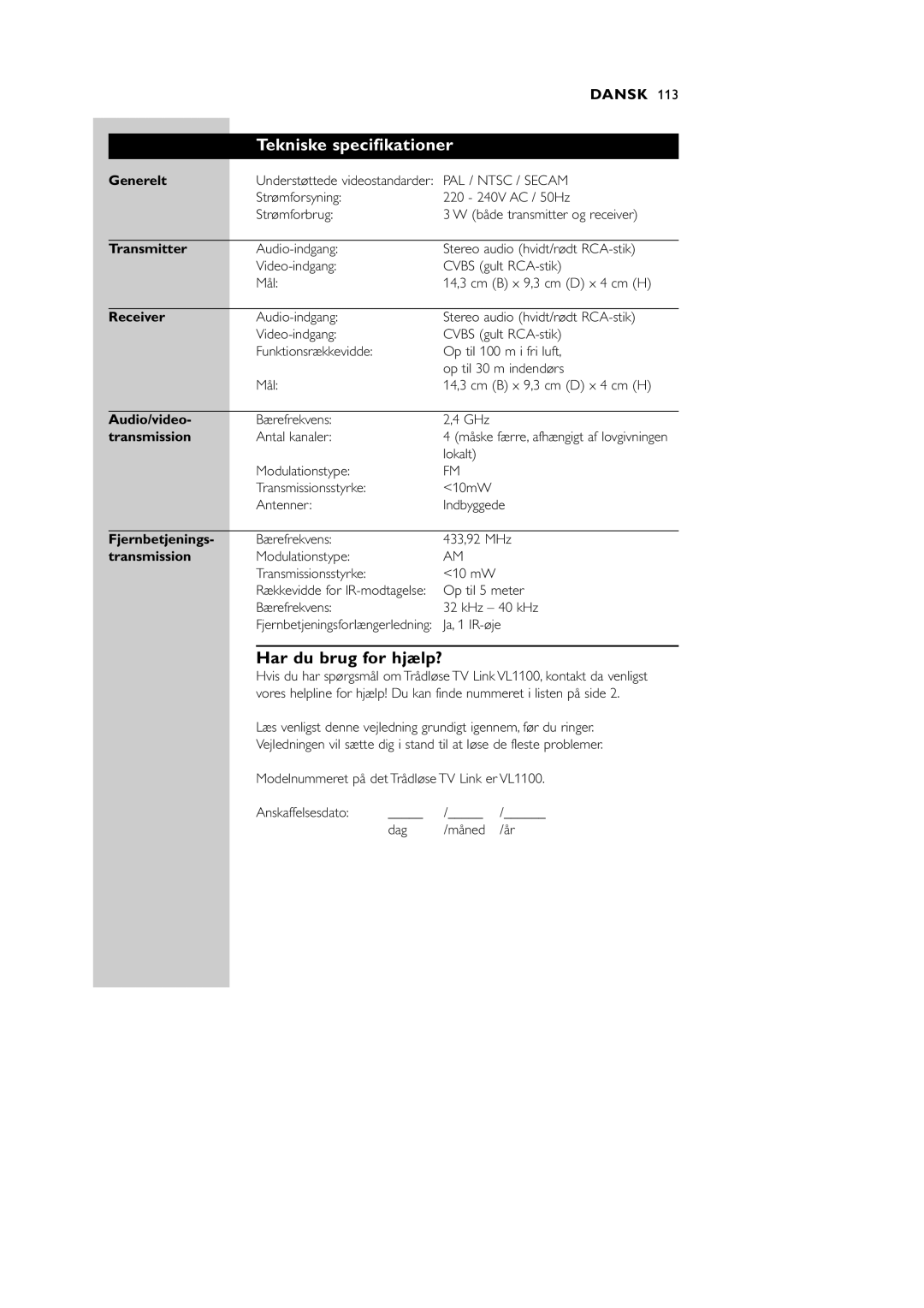 Philips VL1100 manual Tekniske specifikationer, Har du brug for hjælp? 