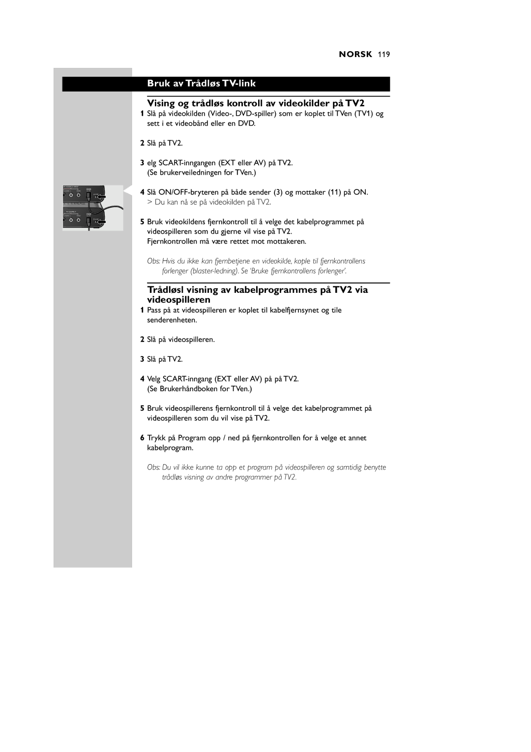 Philips VL1100 manual Bruk av Trådløs TV-link, Vising og trådløs kontroll av videokilder på TV2 