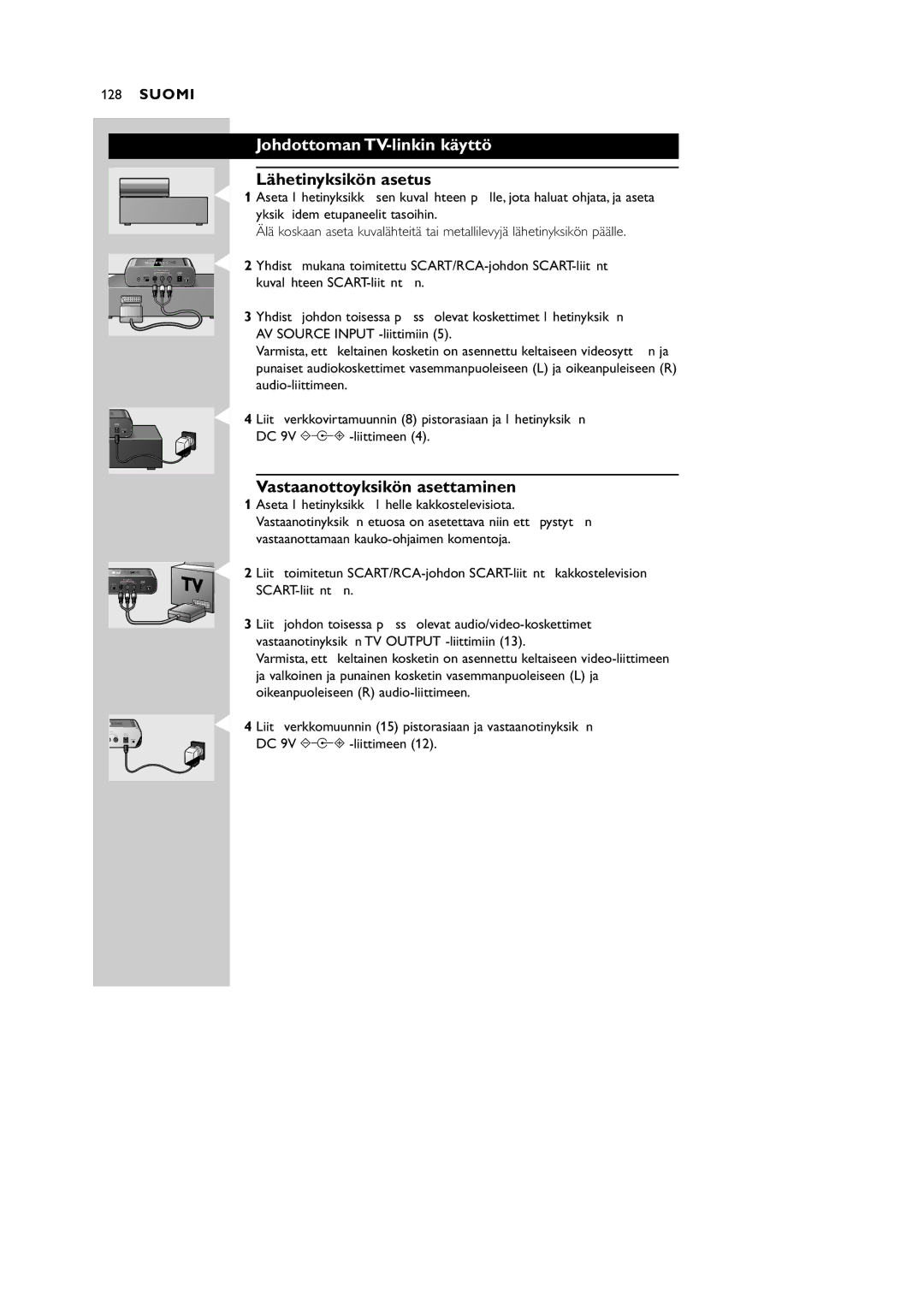 Philips VL1100 manual Johdottoman TV-linkin käyttö, Lähetinyksikön asetus, Vastaanottoyksikön asettaminen 