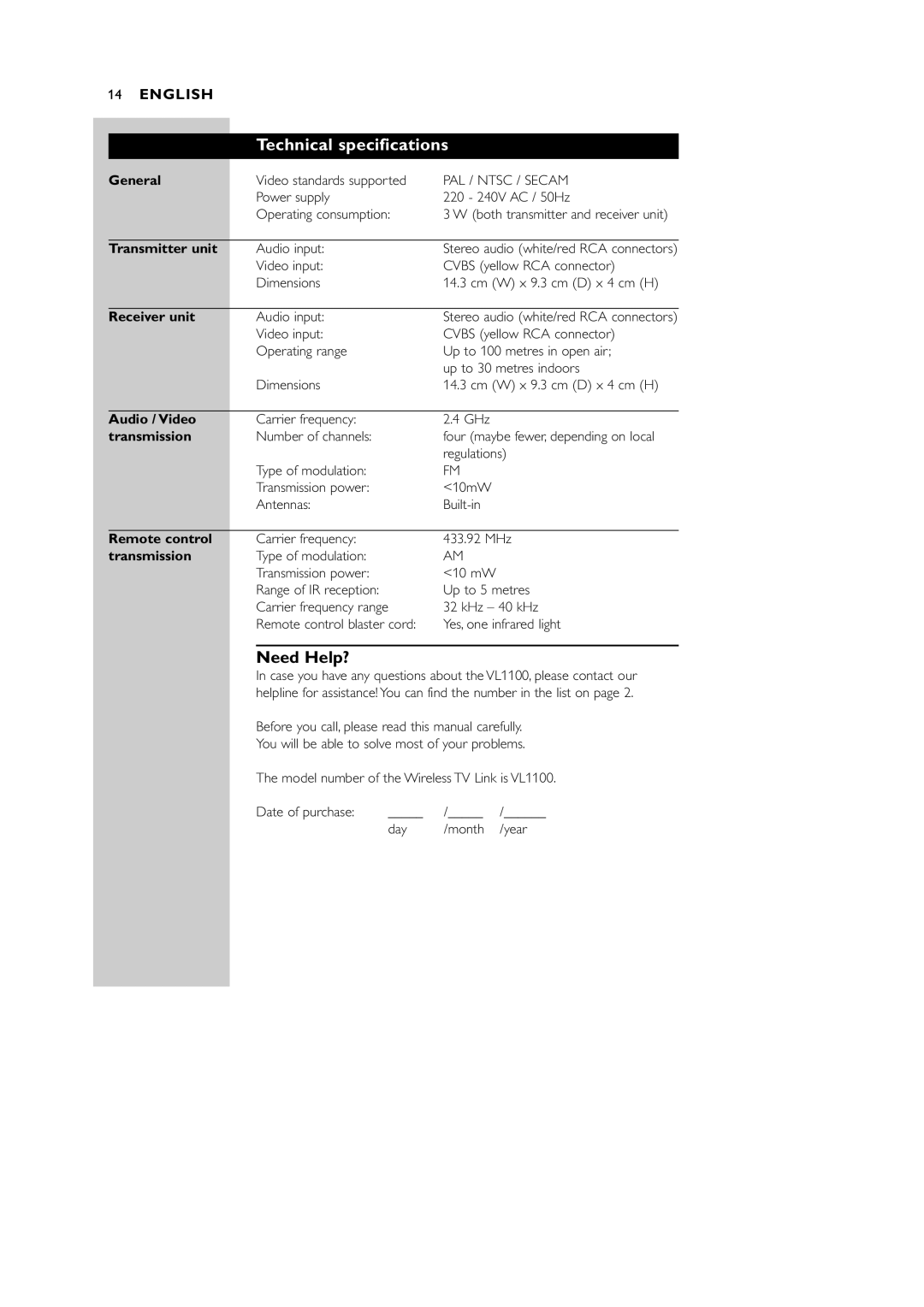 Philips VL1100 manual Technical specifications, Need Help? 