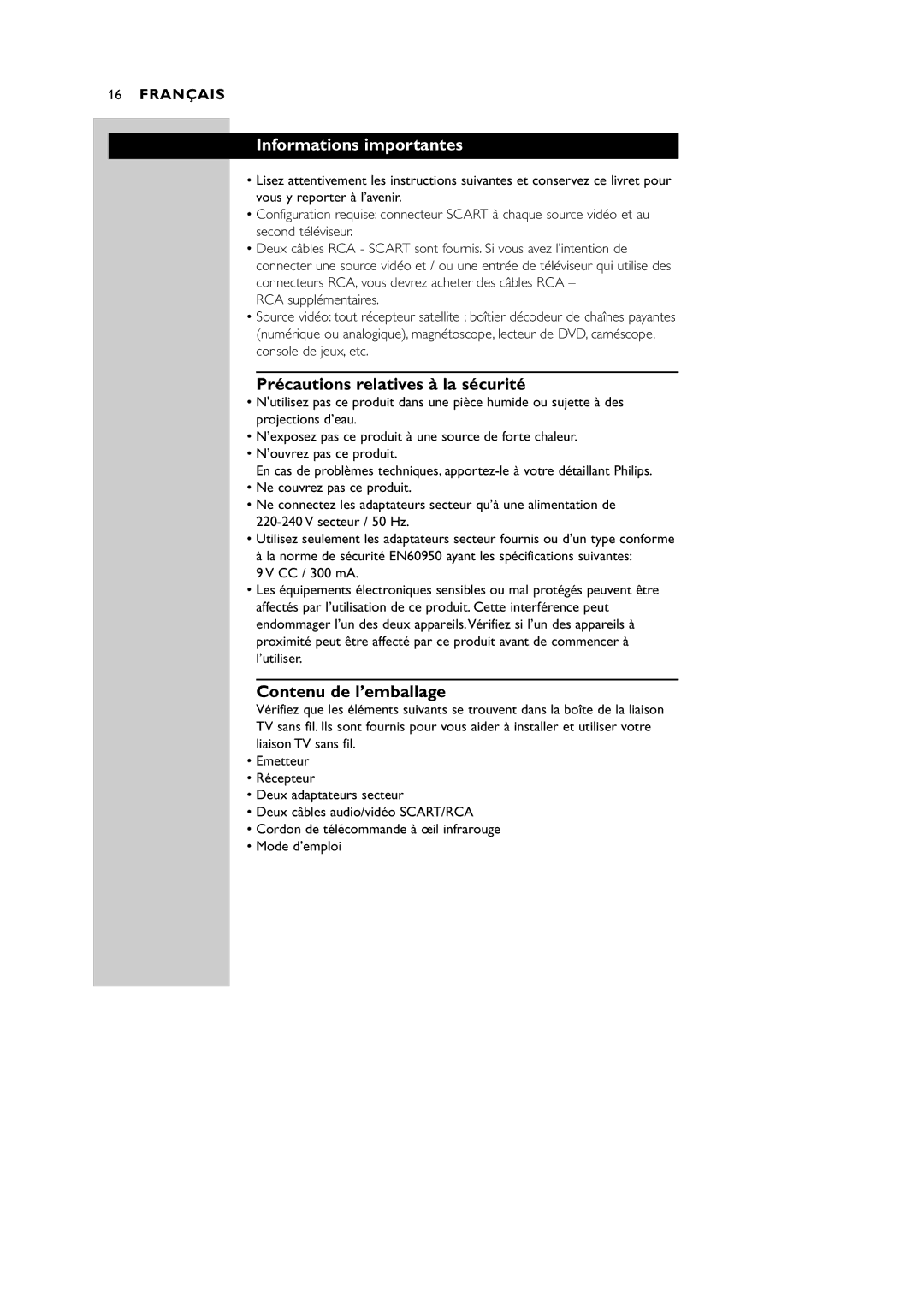 Philips VL1100 manual Informations importantes, Précautions relatives à la sécurité, Contenu de l’emballage 