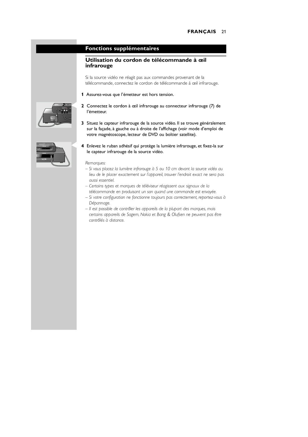 Philips VL1100 manual Fonctions supplémentaires, Utilisation du cordon de télécommande à œil infrarouge 