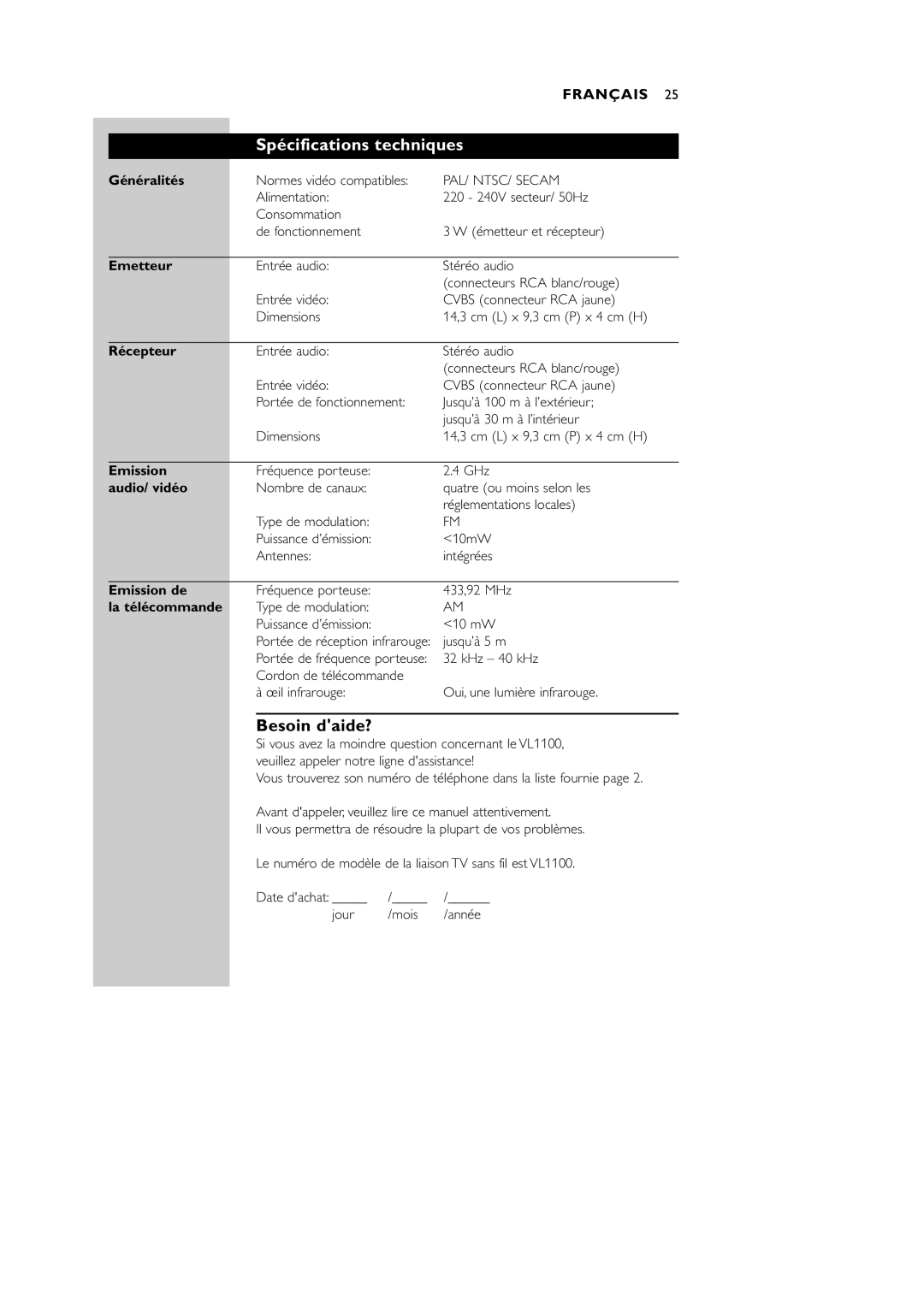 Philips VL1100 manual Spécifications techniques, Besoin daide? 