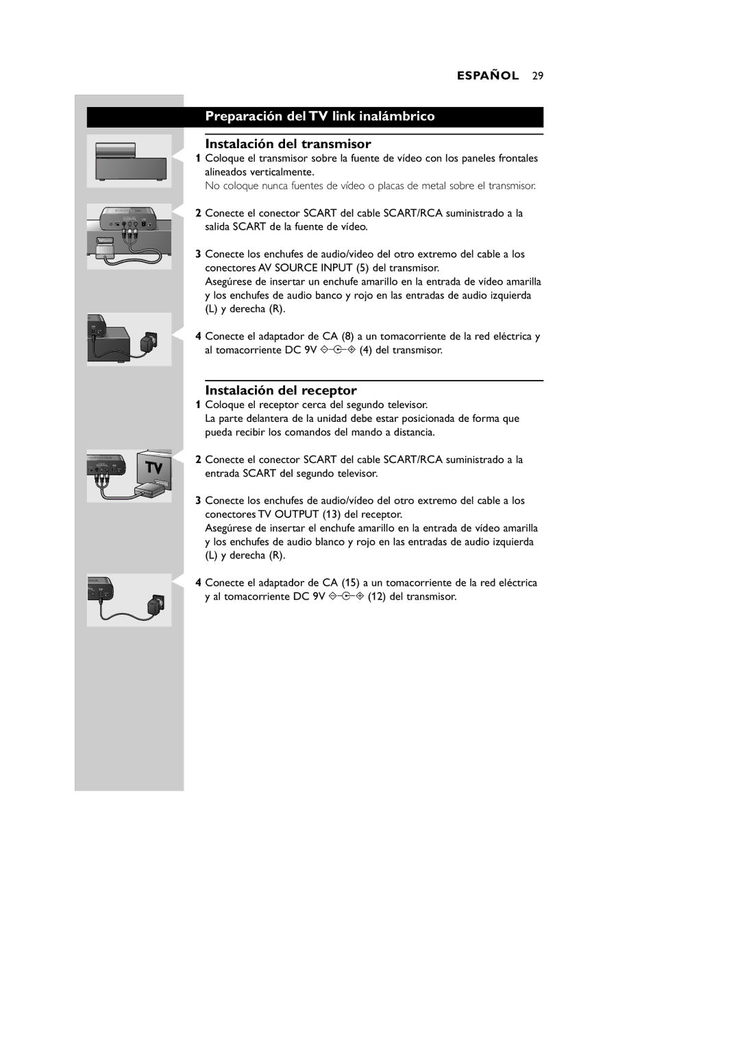 Philips VL1100 manual Preparación del TV link inalámbrico, Instalación del transmisor, Instalación del receptor 