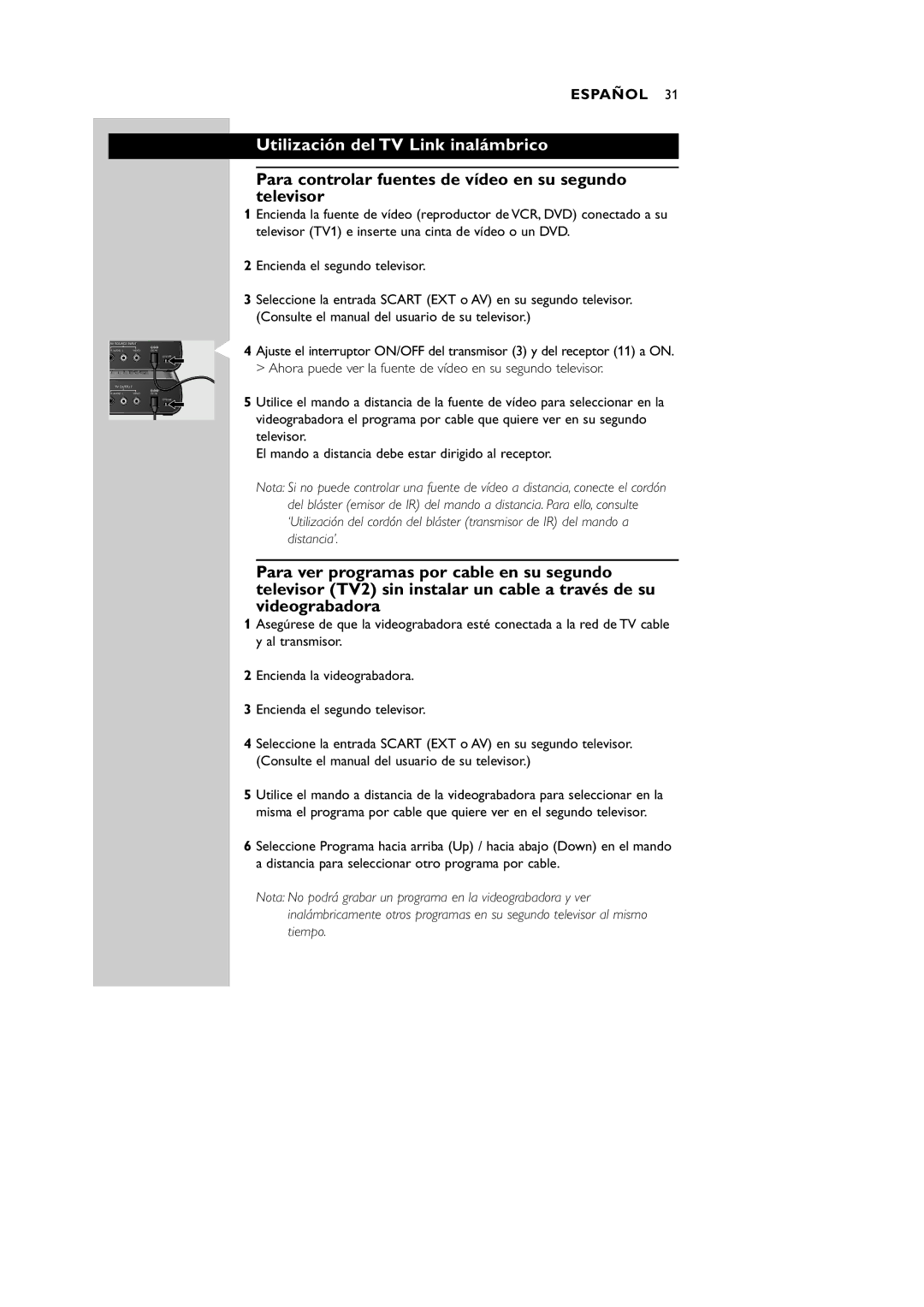 Philips VL1100 manual Utilización del TV Link inalámbrico, Para controlar fuentes de vídeo en su segundo televisor 