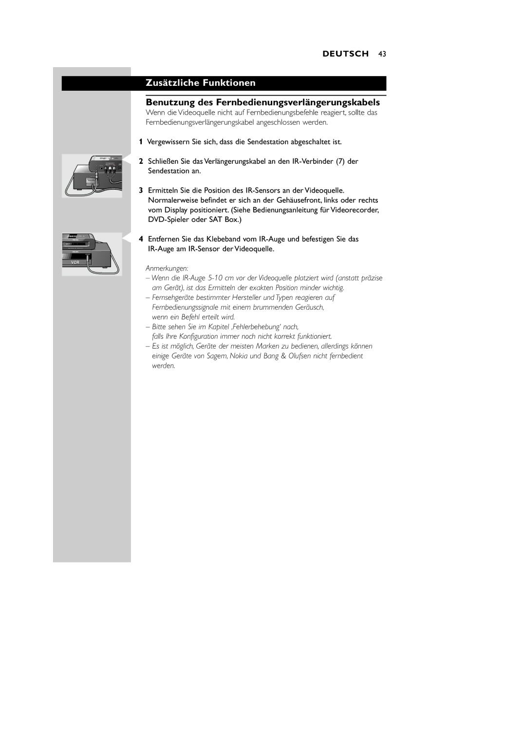 Philips VL1100 manual Zusätzliche Funktionen, Benutzung des Fernbedienungsverlängerungskabels 