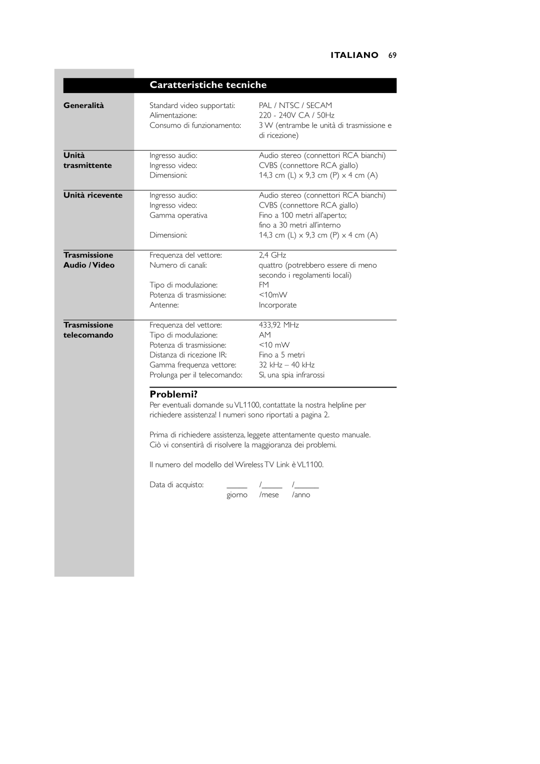 Philips VL1100 manual Caratteristiche tecniche, Problemi? 