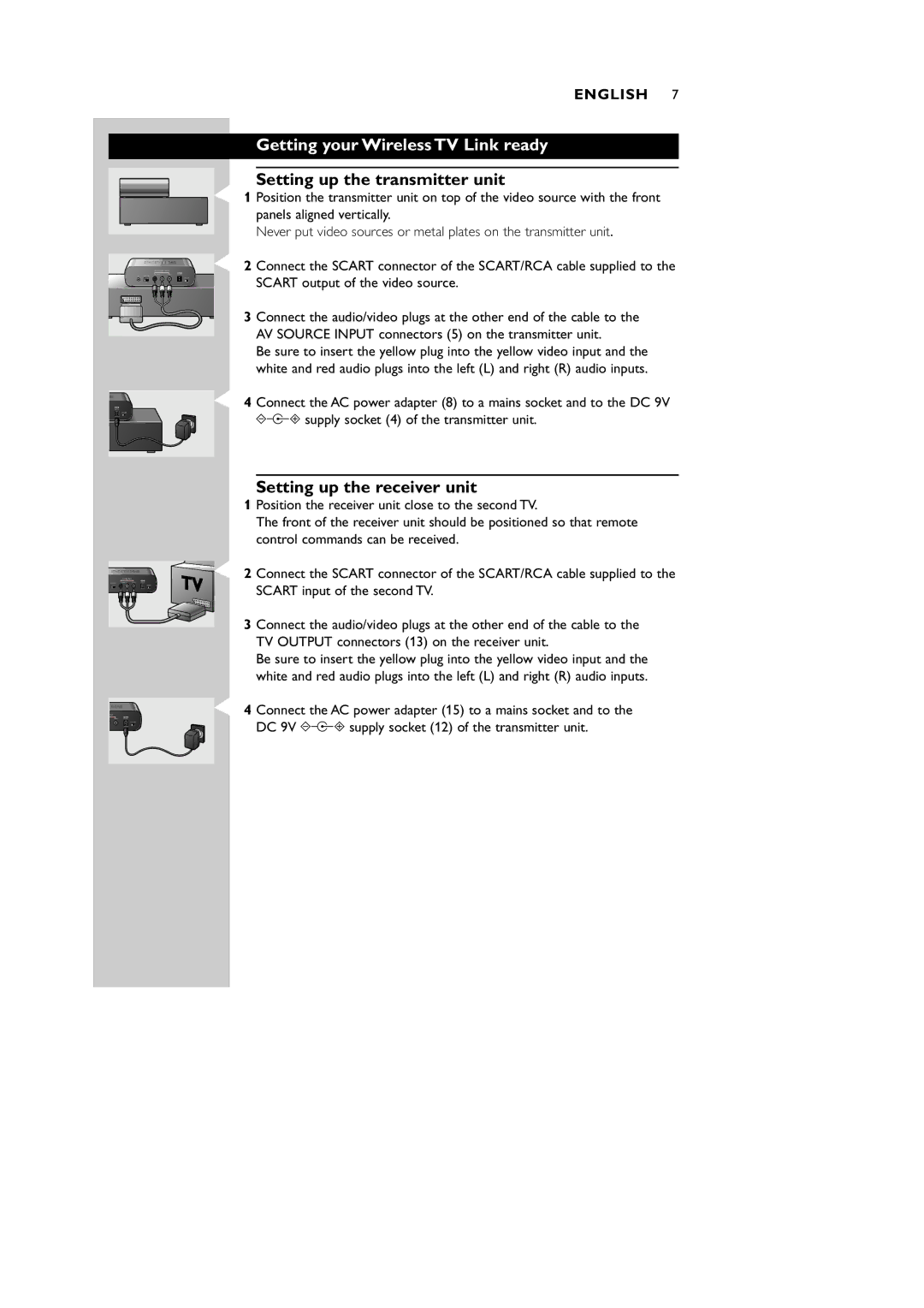 Philips VL1100 manual Getting your Wireless TV Link ready, Setting up the transmitter unit, Setting up the receiver unit 