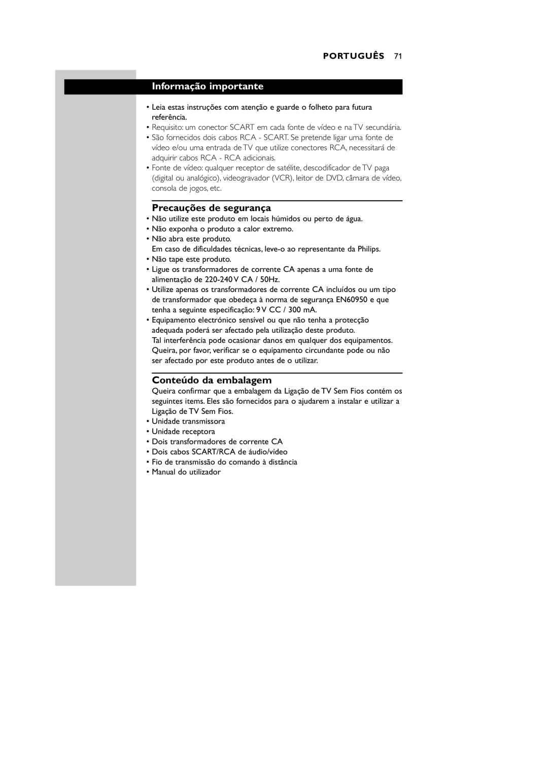 Philips VL1100 manual Informação importante, Precauções de segurança, Conteúdo da embalagem 