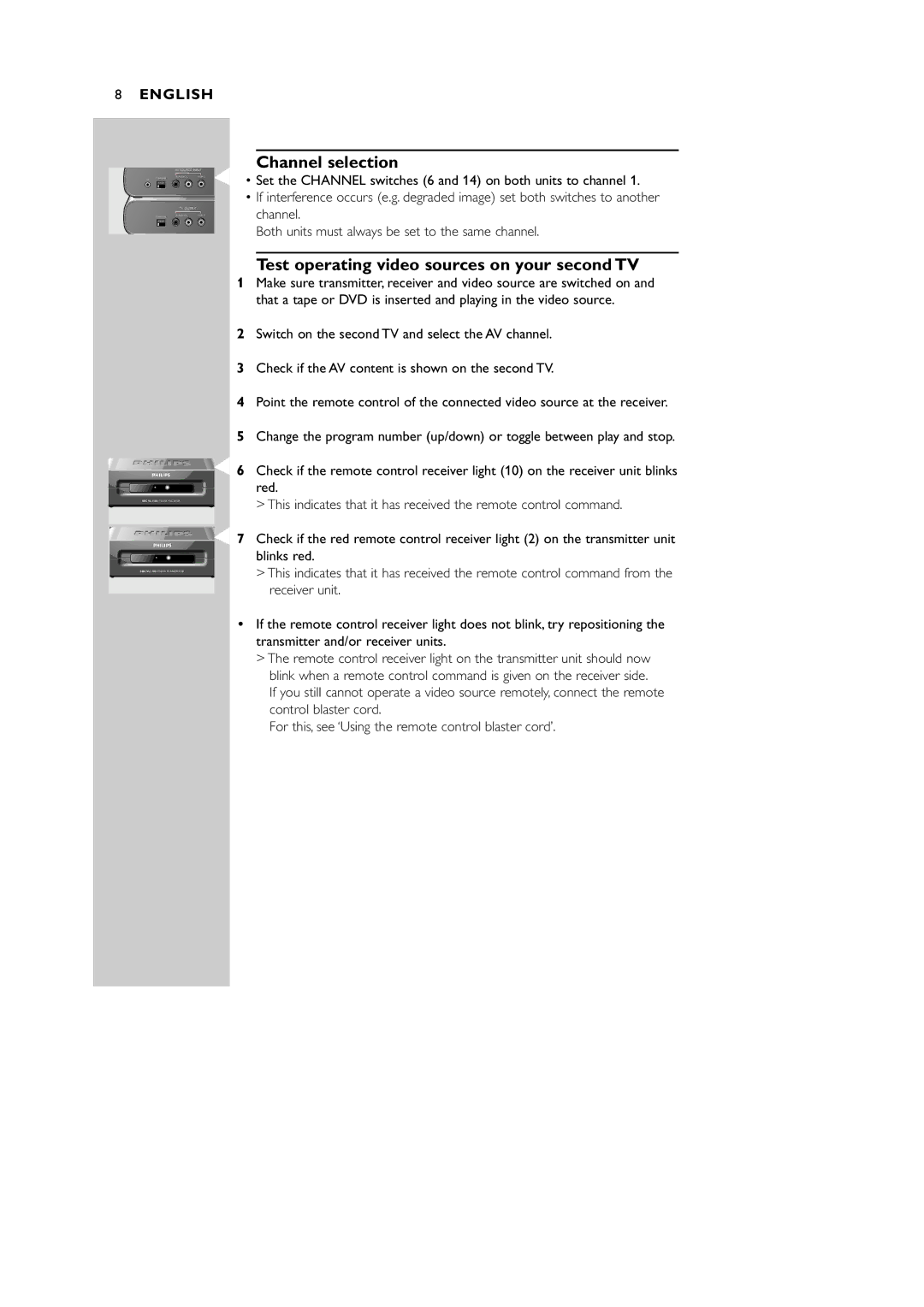 Philips VL1100 manual Channel selection, Test operating video sources on your second TV 
