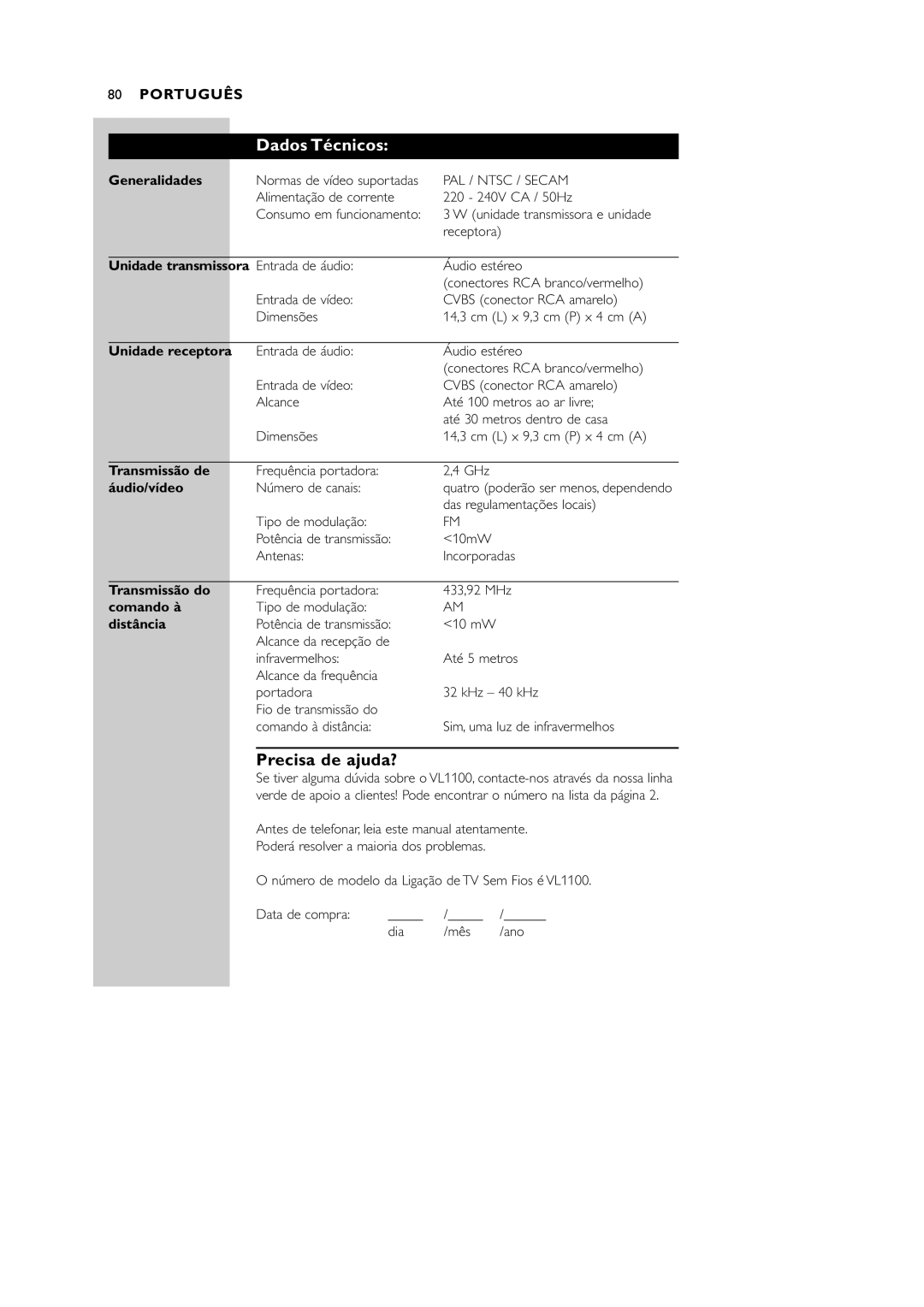 Philips VL1100 manual Dados Técnicos, Precisa de ajuda? 