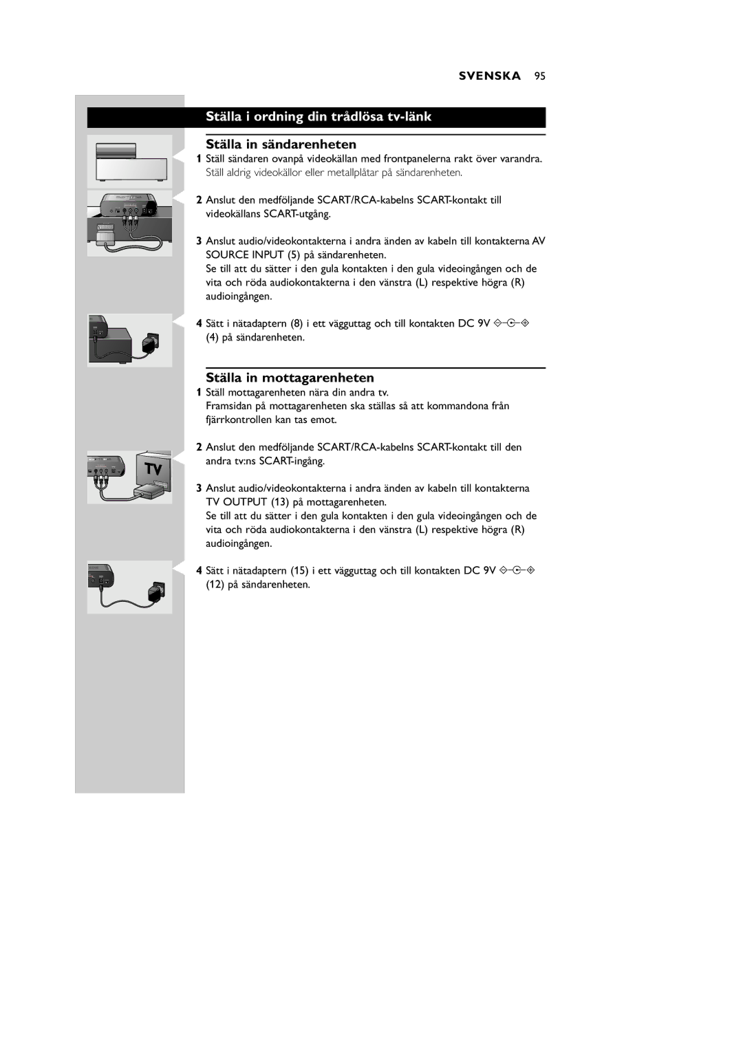 Philips VL1100 manual Ställa i ordning din trådlösa tv-länk, Ställa in sändarenheten, Ställa in mottagarenheten 