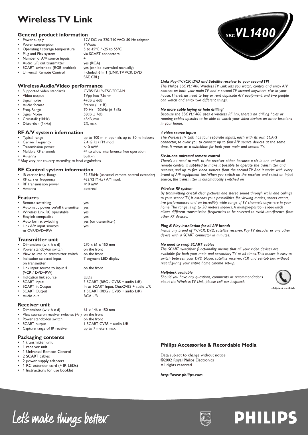 Philips VL1400 manual General product information, Wireless Audio/Video performance, RF A/V system information, Features 